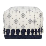Goldoma 18" Natural and Navy Blue Cotton Medallion Pouf Ottoman, Footstool and Extra Seat – top view