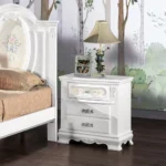 White 2-drawer nightstand with floral motifs and carved details for bedroom storage
