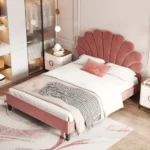 Goldoma full size velvet platform bed with floral upholstered headboard, eco-friendly teak wood construction