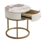 Modern round nightstand with marble top and gold base featuring a drawer for living room or bedroom