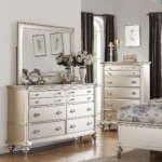 Silver faux leather tufted California king headboard with diamond tufting and adjustable height from Goldoma
