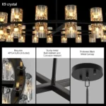 US Stock Free Shipping 48 Inch Matte Black Round Modern Crystal Chandelier G4 LED Hanging Light for Living Dining Room