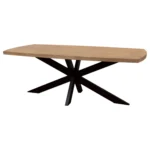 82 inch solid wood and iron pedestal dining table in natural and black finish with rustic distressed look