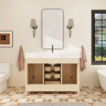The 48 inch vanity cabinet set in a modern bathroom, featuring two doors and two drawers in warm walnut finish.