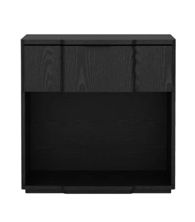 Black nightstand with drawer storage in a modern bedroom setting
