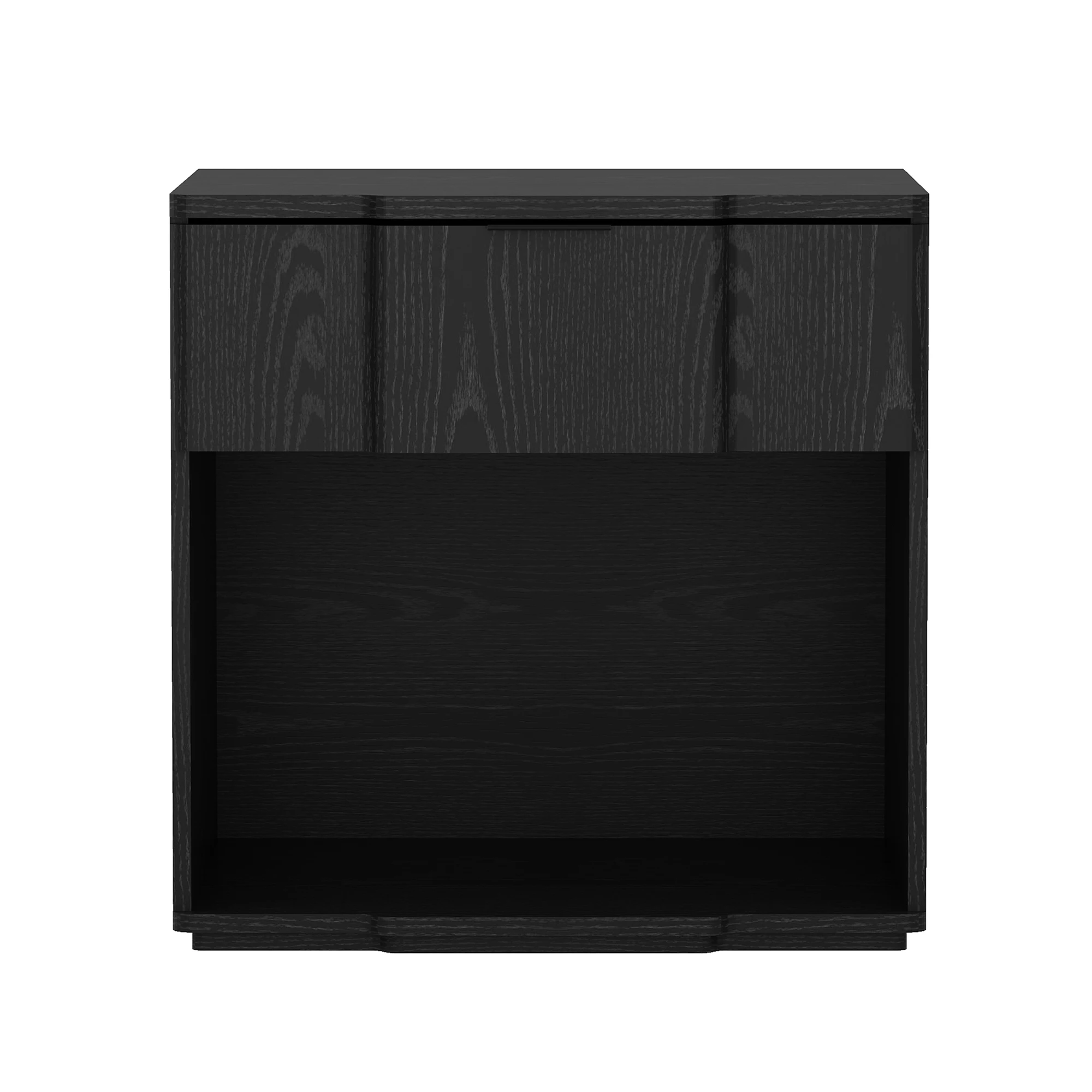 H2da6d3d7868f44e8be6ab688b421a1a43.webp Black nightstand with drawer storage in a modern bedroom setting