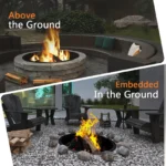 Outdoor fire pit with galvanized steel ring and burning wood