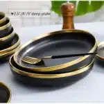 Gilt Rim Black Porcelain Dinner Plates Kitchen Dishes Ceramics Tableware Food Tray Rice Salad Noodles Bowl Cutlery Set – top