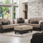 Goldoma 48-inch tufted storage ottoman in taupe and espresso faux leather and microfiber, with lift-top storage and button tufting