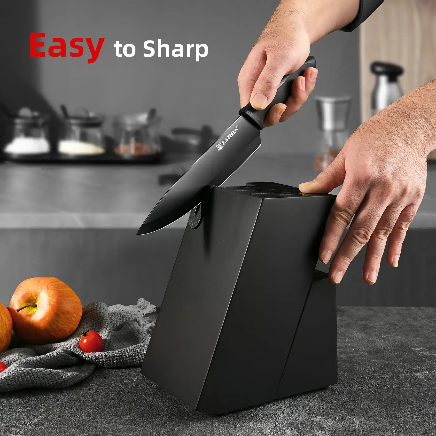 15 Pieces Black Anti-Slip Handle Carbon Steel Blade Kitchen Knife Set with Sharpener Chicken Bone Scissors