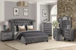 Crystal tufted velvet nightstand with two drawers and eco-friendly wood top in a modern bedroom setting