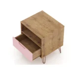Pink nightstand with wooden frame and metal legs for bedroom storage