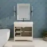Close-up of the soft close drawer mechanism on a 36-inch bathroom vanity cabinet, showing smooth operation.