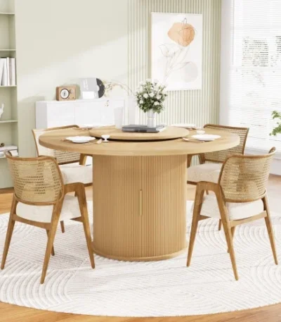 Modern round dining table with lazy susan and storage - Goldoma 55-inch eco-friendly MDF table with wood legs
