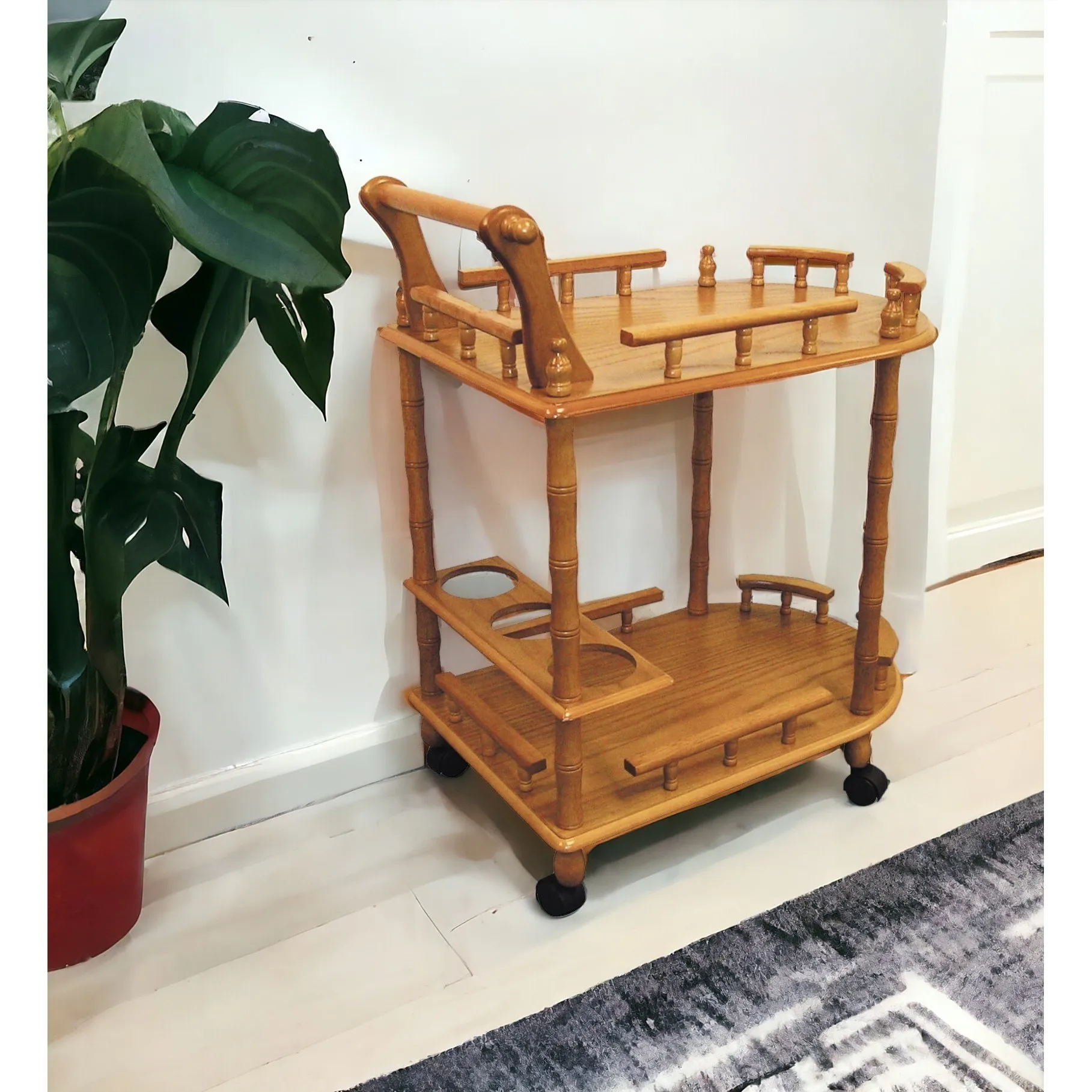 H2e7cfeda91f842ee8f169bbdb52fd3b5j.webp HMS 24" Modern Oak Wood Rolling Bar Cart with Wine Storage Metal Steel Trolley for Dining Living Room Kitchen Hotel Restaurant - Image 1