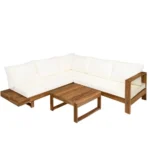 Modern outdoor sofa set with acacia wood frame and beige cushions on patio