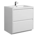 Freestanding bathroom vanity set in a project-style bathroom, with ample storage drawers and a white marble countertop,