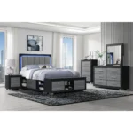 Elsa modern nightstand in black and grey with two drawers placed beside a bed in a contemporary bedroom