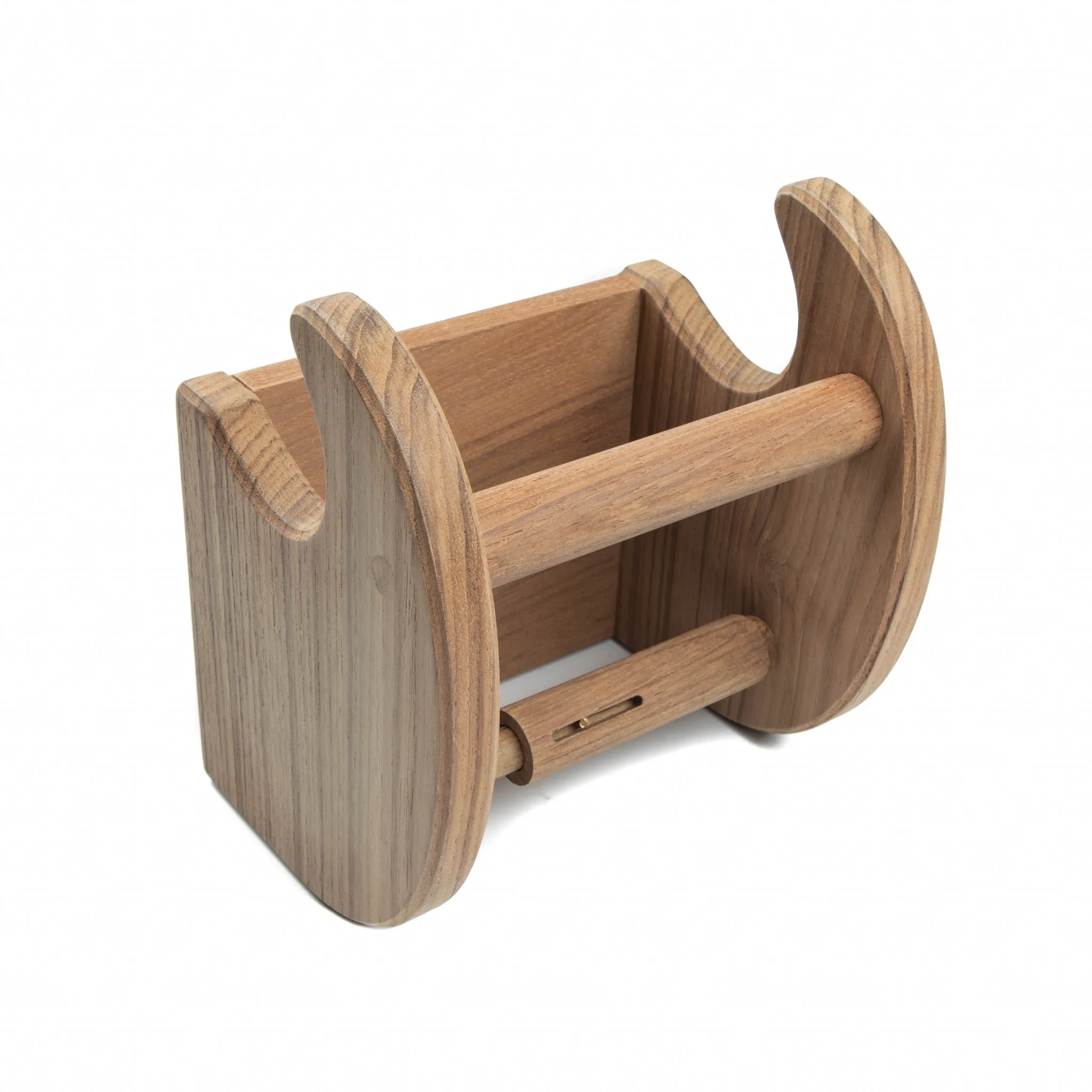 HMS Modern Traditional Solid Teak Magazine Toilet Paper Holder with stainless steel finish, mounted on bathroom wall,