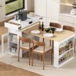Modern extendable kitchen island with solid wood top and storage drawers