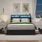 Goldoma Full Size Soft Bed Frame with Ergonomic Headboard, Built-In Outlets, USB Charger & LED Lighting – side view