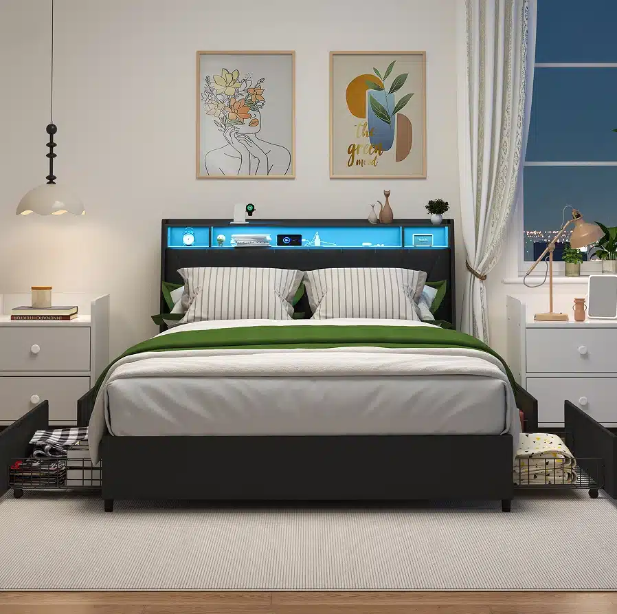 Goldoma Full Size Soft Bed Frame with Ergonomic Headboard, Built-In Outlets, USB Charger & LED Lighting