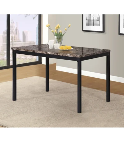 Metal dining table with faux marble top in black finish, shown in a modern dining room setting