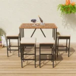 10-Piece Modern Acacia Wood PE Rattan Wicker Outdoor Dining Set Foldable Tabletop 8 Stools Eco-Friendly Durable All-Weather