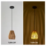 Three rustic hemp rope pendant lights at different heights, illuminating a wooden table in a cozy living room setting.