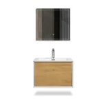 Wall-mounted small vanity cabinet with door open, revealing interior storage space and shelf