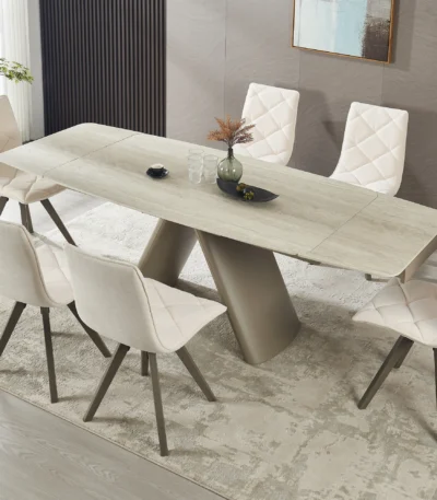 Modern expandable dining table set with 6 chairs, sintered stone top in gray, extended length showing carbon steel base