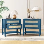 Rattan nightstand with drawers and storage shelf in turquoise finish, boho bedside table for bedroom