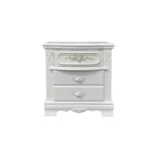 White 2-drawer nightstand with floral motifs and carved details for bedroom storage