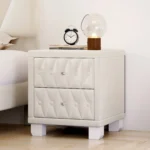 Beige velvet nightstand with two drawers and crystal knobs tufted bedside table for bedroom storage