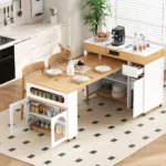 Modern solid wood extendable dining table with folding top and rolling kitchen island with drawers in a bright kitchen setting