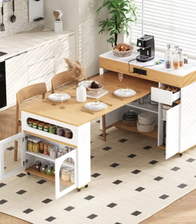 Modern solid wood extendable dining table with folding top and rolling kitchen island with drawers in a bright kitchen setting