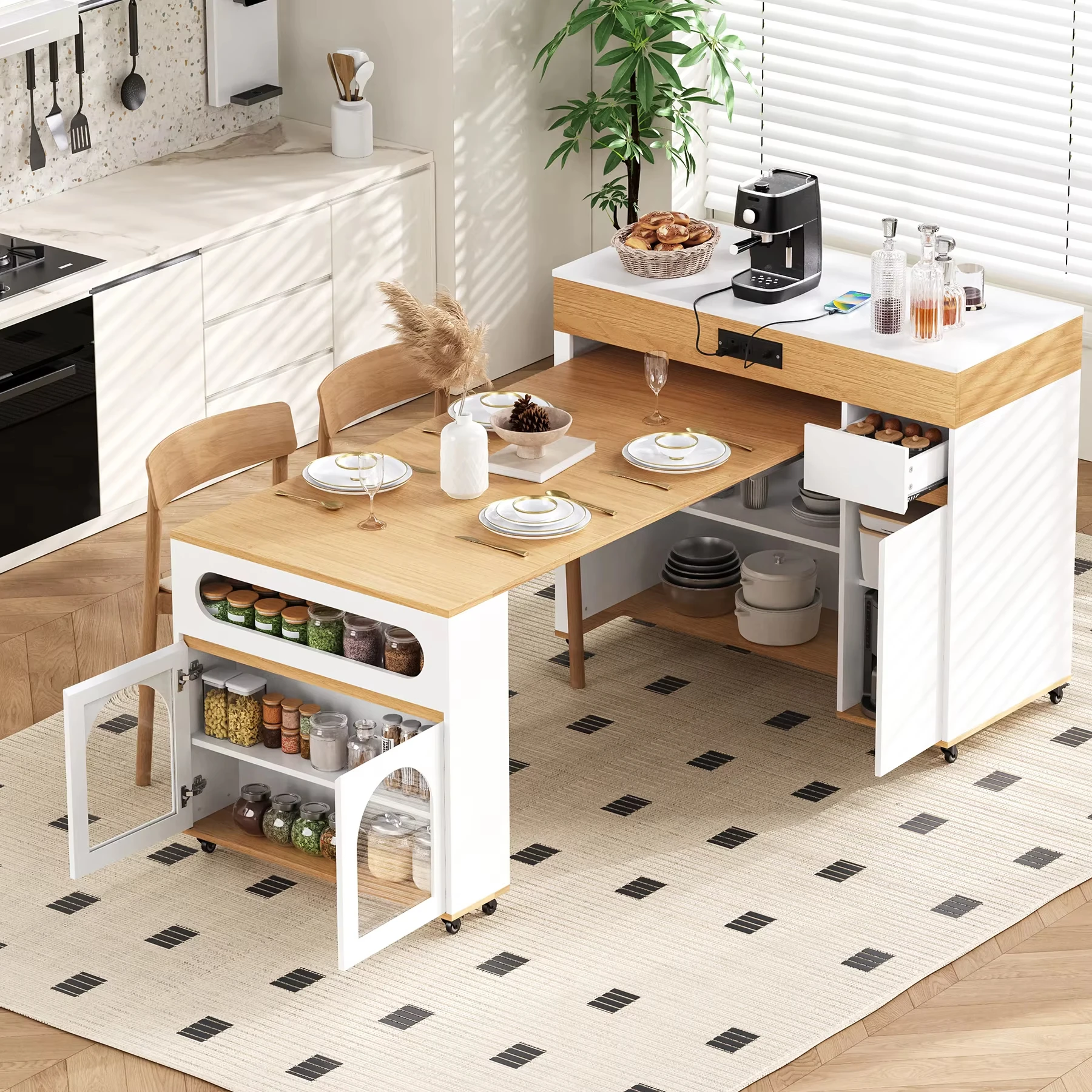 H2fd6b36270d64a6c99d85a1f67721cd3m.webp Modern solid wood extendable dining table with folding top and rolling kitchen island with drawers in a bright kitchen setting