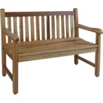 Modern natural teak outdoor garden bench with metal frame on patio