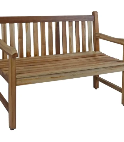 Modern natural teak outdoor garden bench with metal frame on patio