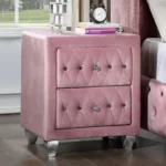 Pink velvet nightstand with two drawers and crystal knobs - modern luxury bedside table for bedroom