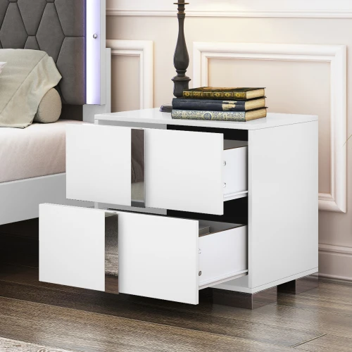 H304e8998de4243f38b9f9d4f600e14c4P.webp Goldoma white mirrored nightstand with two drawers and metal feet in a modern bedroom setting