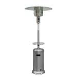 Close-up of the silver steel heater head and reflector, showing the burner mesh and control knob on the pole.