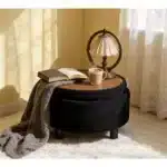 Goldoma Round Storage Ottoman with Removable Top - Modern Tufted Fabric Coffee Table Stool for Living Room – close-up detail