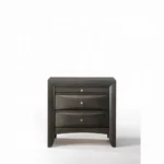 Gray oak nightstand with two drawers and pull-out tray on white background
