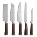 Five-piece Japanese kitchen knives set including paring, boning, butcher, bread, and chef knife on cutting board