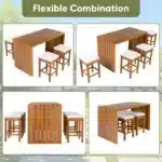 5-Piece Outdoor Bar Set with Acacia Wood Table and Cushioned Stools – top view