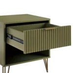 Olive green nightstand with ribbed drawer and open shelf, metal legs, modern design