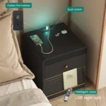Smart nightstand with charging station and LED lights in a modern bedroom setting