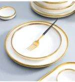 Nordic Style Gold Inlay Bright White Porcelain Dinner Sets Ceramic Bowl Dish Plates Set Porcelain Dinnerware For Household