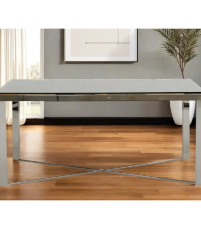 80-inch clear glass dining table with silver stainless steel trestle base in modern dining room setting